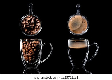 composition of four cups with coffee on a black background. on the left is a side view of a cup with coffee bean, a top view above it, a side view of a cup with ready-made coffee, a side view above