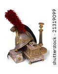 Composition with French cuirassier helmet (1836), bronze inkstand with gilding (1830) and old bronze candlestick. Path on white background.