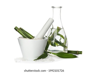 Composition With Fresh Bamboo And Bath Salt On White Background. Spa Procedure