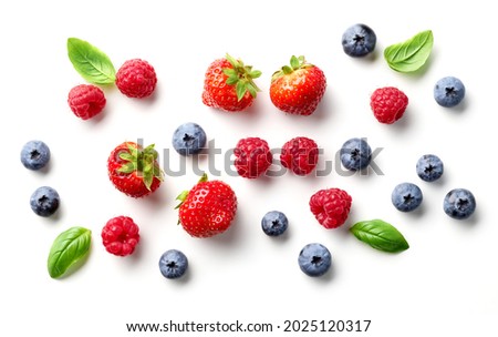 composition of fresh berries and green leaves isolated on white background, top view