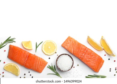 Composition With Fresh Raw Salmon Fillets On White Background, Top View