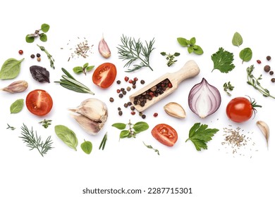 Composition with fresh vegetables, different herbs and spices on white background - Shutterstock ID 2287715301