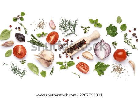 Composition with fresh vegetables, different herbs and spices on white background