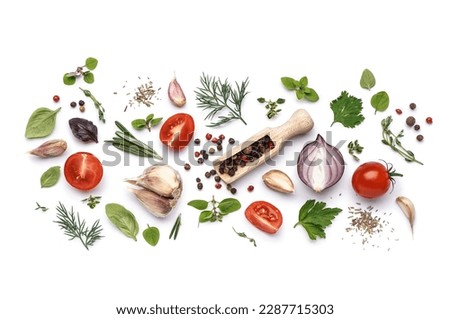 Composition with fresh vegetables, different herbs and spices on white background