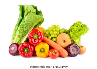 Composition of fresh vegetables and fruits isolated on white background.