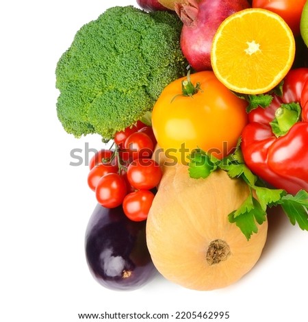 Composition of fruits and vegetables isolated on white background. Free space for text.