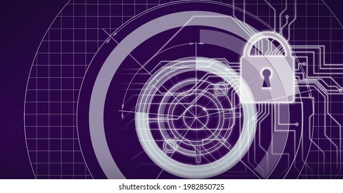 Composition of glowing circuits on computer motherboard with scopes and padlock on black. global computer and digital security concept digitally generated image.