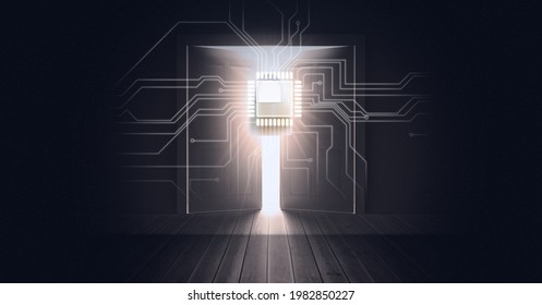 Composition of glowing computer microchip and circuits on motherboard on dark room background. global computer and digital security concept digitally generated image.
