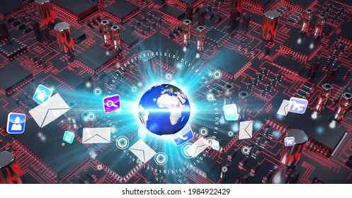 Composition of glowing globe over computer processor circuit board server. global connections, technology and digital interface concept digitally generated image.