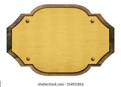 Composition of golden plaque, name plate, wooden board isolated on white