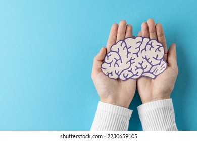 Composition of hands holding purple and white brain on blue background with copy space. Medical services, healthcare and mental health awareness concept. - Shutterstock ID 2230659105