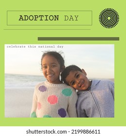 Composition of happy adoption day text with biracial children at beach. Adoption day and celebration concept digitally generated image. - Powered by Shutterstock