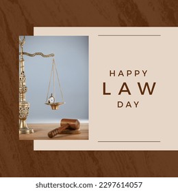 Composition of happy law day text with scale of justice and gavel on wooden background. Law day and celebration concept digitally generated image. - Powered by Shutterstock