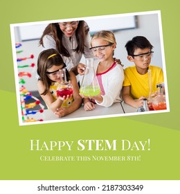 Composition Of Happy Stem Day Text And Photo Of Diverse School Children In Laboratory. Stem Day, Science And Research Concept.