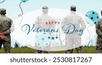 Composition of happy veterans day text and balloons, over rear view of three soldiers. patriotism, independence, military and celebration concept digitally generated image.