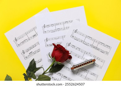 Composition with harmonica, music sheets and rose flower on yellow background