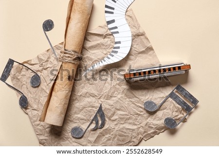 Composition with harmonica, scroll and paper music notes on color background