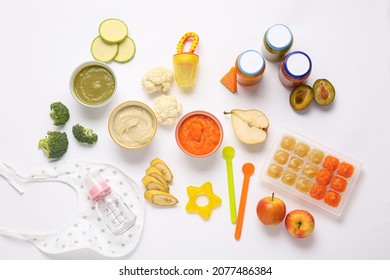 Composition With Healthy Baby Food On White Background