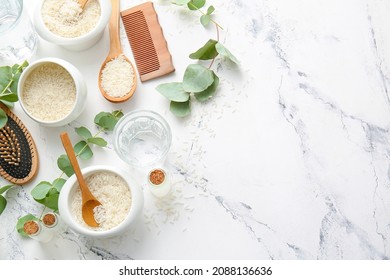 Composition With Healthy Rice Water On White Background