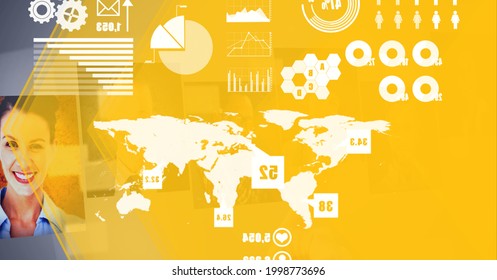 Composition of interactive screen with photos and data processing. global business, digital interface, technology and networking concept digitally generated image.