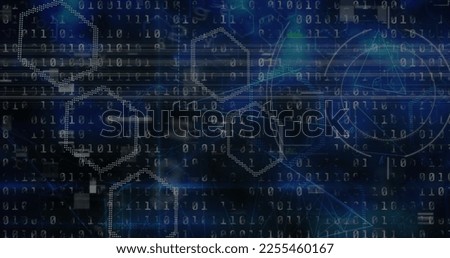 Composition of interference over binary coding and shapes on black background. Global business and digital interface concept digitally generated image.