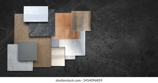 composition of interior material samples including wood veneer, ceramic tiles, multi color of aluminium metallics, travertine granite tile, artificial stone placed on black marble stone table. - Powered by Shutterstock