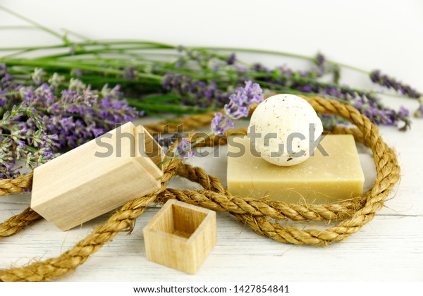 Composition Lavender Beautiful Shaby White Table Stock Photo