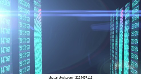 Composition of light trails over columns with data processing on black background. Global technology, computing and digital interface concept digitally generated image. - Powered by Shutterstock - Get 15% off with code: PIKWIZARD15