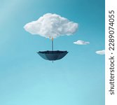 Composition made of umbrella upside down attached to a cloud. Minimal concept of Surreal moment, Creative art, minimal aesthetics.