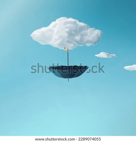 Composition made of umbrella upside down attached to a cloud. Minimal concept of Surreal moment, Creative art, minimal aesthetics.