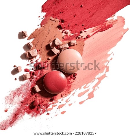 Composition with makeup cosmetic swatches. Cosmetics swatch with lipstick, eye shadow, face powder, highlighter, skin