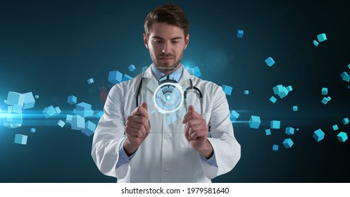 Composition Of Male Doctor Holding Interactive Screen With Medical Data Processing. Global Online Medicine And Technology Concept Digitally Generated Image.