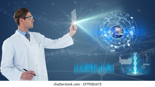 Composition Of Male Doctor Holding Interactive Screen With Medical Data Processing. Global Online Medicine And Technology Concept Digitally Generated Image.