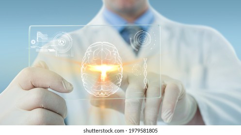 Composition Of Male Doctor Holding Interactive Screen With Medical Data Processing. Global Online Medicine And Technology Concept Digitally Generated Image.