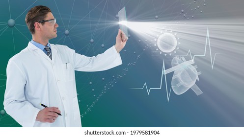 Composition Of Male Doctor Holding Interactive Screen With Medical Data Processing. Global Online Medicine And Technology Concept Digitally Generated Image.