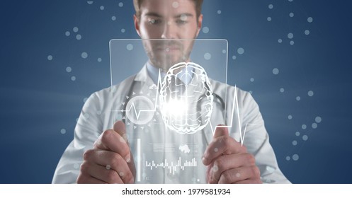 Composition Of Male Doctor Holding Interactive Screen With Medical Data Processing. Global Online Medicine And Technology Concept Digitally Generated Image.