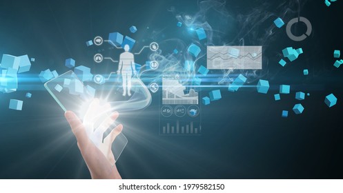 Composition Of Male Doctor Holding Interactive Screen With Medical Data Processing. Global Online Medicine And Technology Concept Digitally Generated Image.