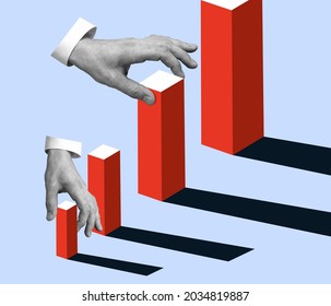 Composition with male hands controls 3d charts with shadows isolated on light blue background. Contemporary art collage. Inspiration, idea. Concept of professional occupation, business, ad, goals