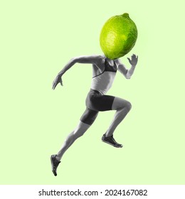 Composition With Male Runner Headed Of Green Lime Running On Light Back Ground. Healthy Food Concept. Modern Design, Contemporary Creative Art Collage. Trendy Magazine Style.