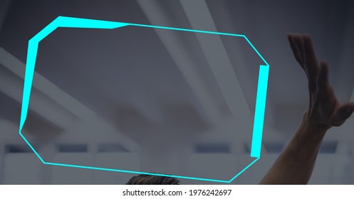 Composition of man touching digital screen. global connections, technology and digital interface concept digitally generated image.