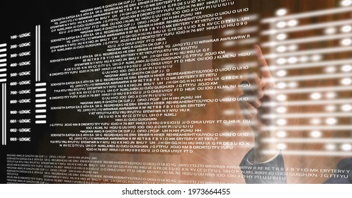 Composition of man touching screen with data processing. global data processing, technology and digital interface concept digitally generated image.