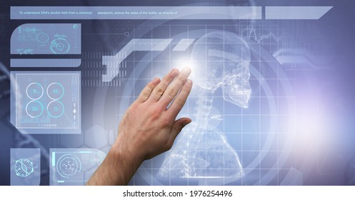 Composition of man touching screen with human skeleton and medical data processing. global medicine and healthcare concept digitally generated image.