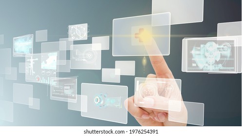 Composition of man touching screen with medical data processing. global medicine and healthcare concept digitally generated image.