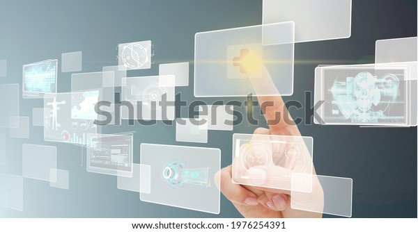 Composition of man touching screen with medical\
data processing. global medicine and healthcare concept digitally\
generated image.