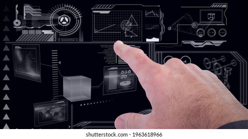 Composition of man touching virtual screen with data processing. global connections, data processing and technology concept digitally generated image.