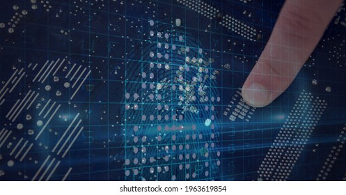 Composition of man touching virtual screen with biometric fingerprint and processor. global connections, data processing and technology concept digitally generated image.