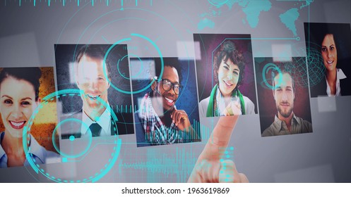 Composition of man touching virtual screen with scopes scanning and people's photographs. global connections, data processing and technology concept digitally generated image.