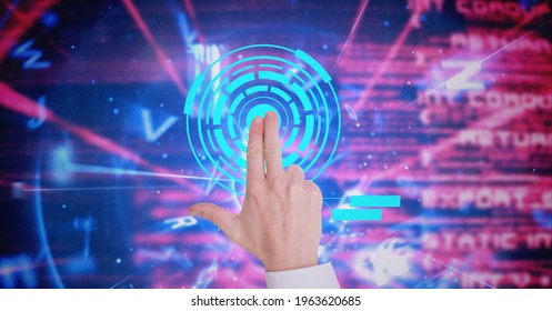 Composition of man touching virtual screen with scope scanning and data processing. global connections, data processing and technology concept digitally generated image.