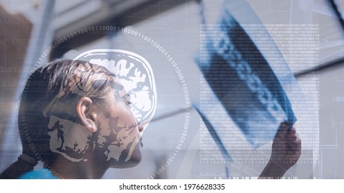 Composition of medical data processing with human brain over female doctor checking x ray. medicine, digital interface and data processing concept digitally generated image.