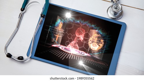Composition of medical data processing on tablet with stethoscope. global medicine, technology and digital interface concept digitally generated image.